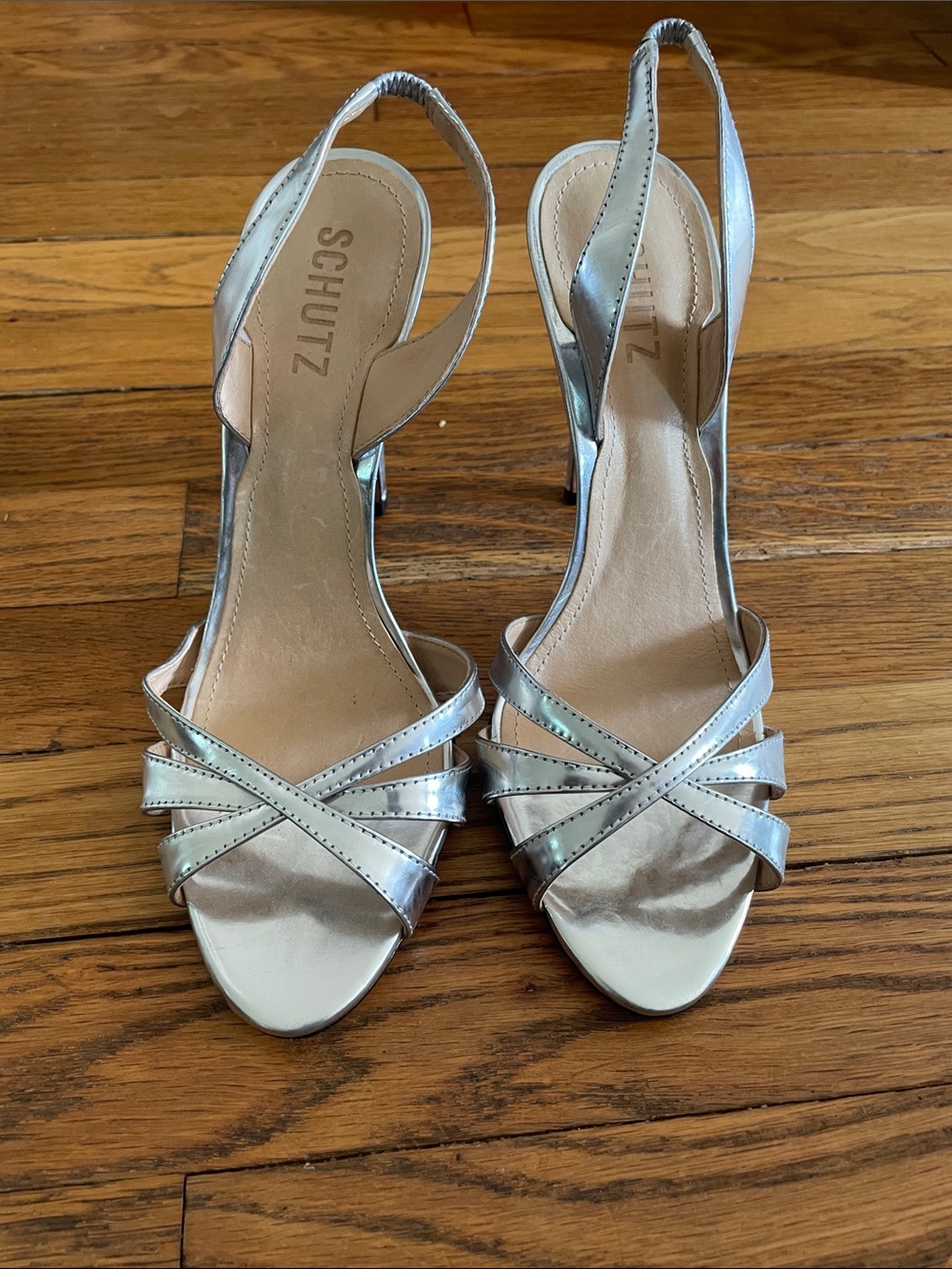 SCHUTZ Silver Metallic Crisscross Slingback Heels